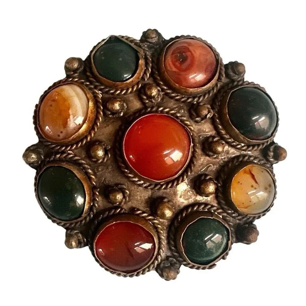 Vintage Tribal Round Cabochon Brooch/Pendant – Carnelian & Agate, Ethnic Design